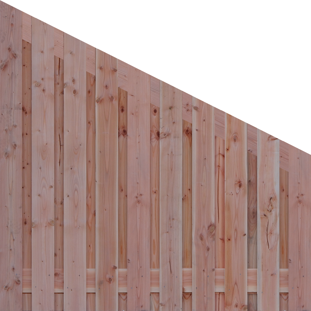Douglas tuinscherm 23 planks (21+2) schuin verticaal 180x170-80 cm volle zijde links hoog