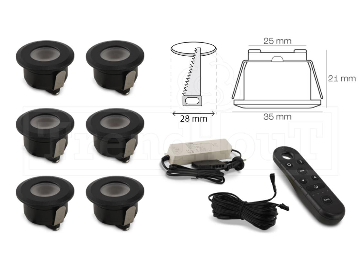 Led verlichting zwart inbouw 35mm set á 6 stuks incl. afstandbediening en kabels